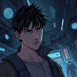 A dark sci-fi scene from a manhwa featuring a young male protagonist in a futuristic, dystopian setting