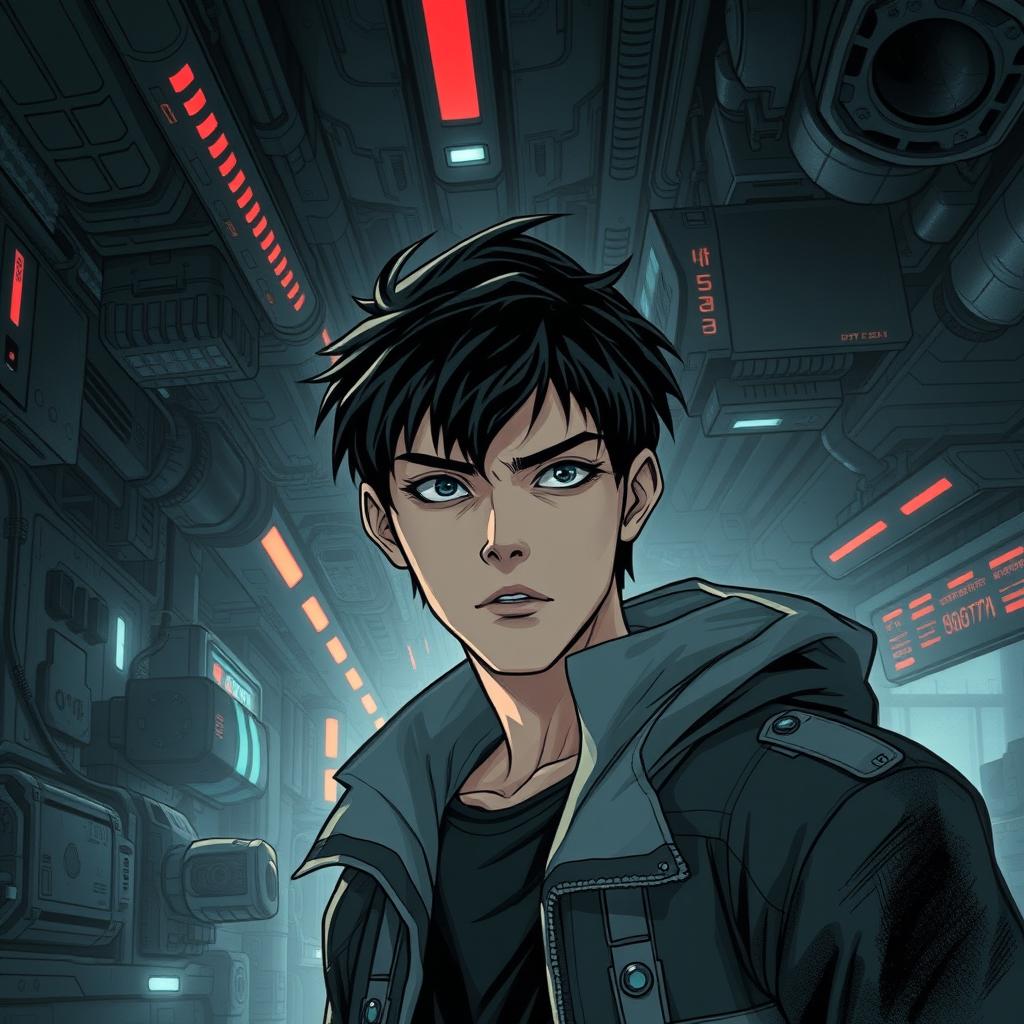 A dark sci-fi scene from a manhwa featuring a young male protagonist in a futuristic, dystopian setting