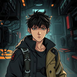 A dark sci-fi scene from a manhwa featuring a young male protagonist in a futuristic, dystopian setting