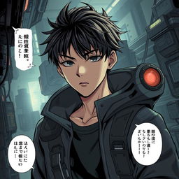 A dark sci-fi scene from a manhwa featuring a young male protagonist in a futuristic, dystopian setting