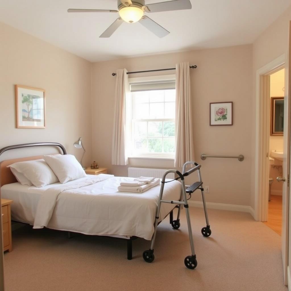 A cozy, well-lit bedroom on the first floor, designed for an elderly patient's recovery post-hospital discharge