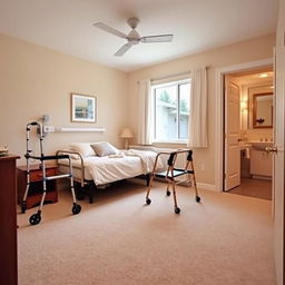 A cozy, well-lit bedroom on the first floor, designed for an elderly patient's recovery post-hospital discharge