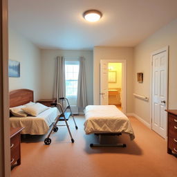 A cozy, well-lit bedroom on the first floor, designed for an elderly patient's recovery post-hospital discharge