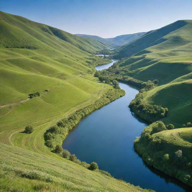 A serene, lush landscape with sets of green hills, a clear blue sky, and a calm sparkling river flowing through it.