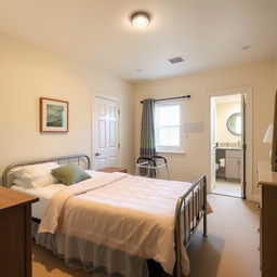 A cozy, well-lit bedroom on the first floor, designed for an elderly patient's recovery post-hospital discharge