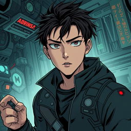 A dark sci-fi scene from a manhwa featuring a young male protagonist in a futuristic, dystopian setting