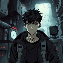 A dark sci-fi scene from a manhwa featuring a young male protagonist in a futuristic, dystopian setting