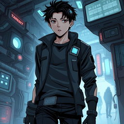 A dark sci-fi scene from a manhwa featuring a young male protagonist in a futuristic, dystopian setting