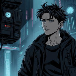 A dark sci-fi scene from a manhwa featuring a young male protagonist in a futuristic, dystopian setting