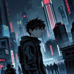 A dark sci-fi scene from a manhwa featuring a young male protagonist in a sprawling futuristic city