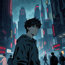 A dark sci-fi scene from a manhwa featuring a young male protagonist in a sprawling futuristic city