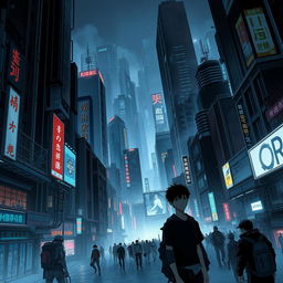 A dark sci-fi scene from a manhwa featuring a young male protagonist in a sprawling futuristic city