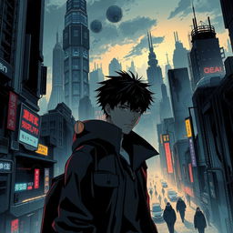 A dark sci-fi scene from a manhwa featuring a young male protagonist in a sprawling futuristic city