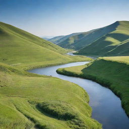 A serene, lush landscape with sets of green hills, a clear blue sky, and a calm sparkling river flowing through it.