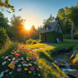 A serene morning landscape with a quaint cottage nestled in a lush green forest