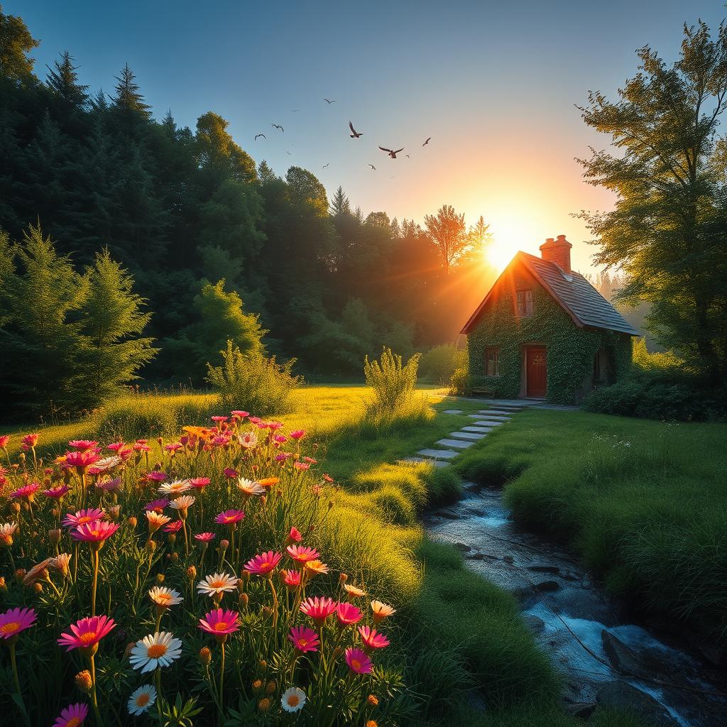 A serene morning landscape with a quaint cottage nestled in a lush green forest