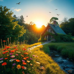 A serene morning landscape with a quaint cottage nestled in a lush green forest