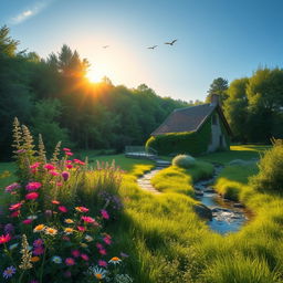 A serene morning landscape with a quaint cottage nestled in a lush green forest