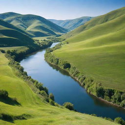 A serene, lush landscape with sets of green hills, a clear blue sky, and a calm sparkling river flowing through it.