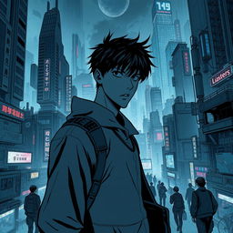 A dark sci-fi scene from a manhwa featuring a young male protagonist in a sprawling futuristic city