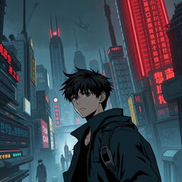 A dark sci-fi scene from a manhwa featuring a young male protagonist in a sprawling futuristic city