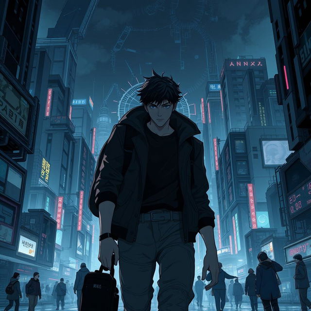 A dark sci-fi scene from a manhwa featuring a young male protagonist in a sprawling futuristic city