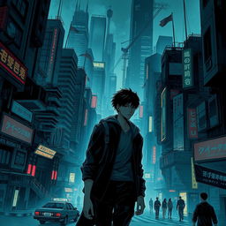 A dark sci-fi scene from a manhwa featuring a young male protagonist in a sprawling futuristic city