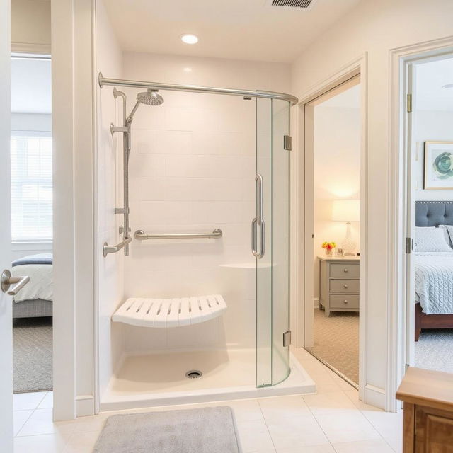 A modern bathroom equipped for elderly care, featuring a walk-in shower with a bench seat, sturdy grab bars, and non-slip mats