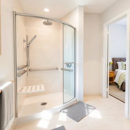 A modern bathroom equipped for elderly care, featuring a walk-in shower with a bench seat, sturdy grab bars, and non-slip mats