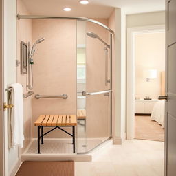 A modern bathroom equipped for elderly care, featuring a walk-in shower with a bench seat, sturdy grab bars, and non-slip mats