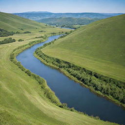 A serene, lush landscape with sets of green hills, a clear blue sky, and a calm sparkling river flowing through it.