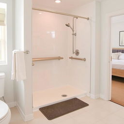 A modern bathroom equipped for elderly care, featuring a walk-in shower with a bench seat, sturdy grab bars, and non-slip mats