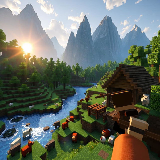 A scenic view of a Minecraft survival world, featuring a small wooden house by a sparkling river, surrounded by lush green forests and towering mountains in the background