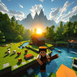 A scenic view of a Minecraft survival world, featuring a small wooden house by a sparkling river, surrounded by lush green forests and towering mountains in the background