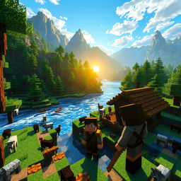 A scenic view of a Minecraft survival world, featuring a small wooden house by a sparkling river, surrounded by lush green forests and towering mountains in the background