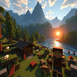 A scenic view of a Minecraft survival world, featuring a small wooden house by a sparkling river, surrounded by lush green forests and towering mountains in the background