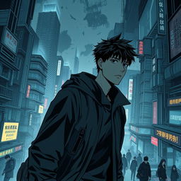 A dark sci-fi scene from a manhwa featuring a young male protagonist in a sprawling futuristic city