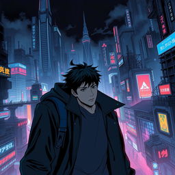 A dark sci-fi scene from a manhwa featuring a young male protagonist in a sprawling futuristic city