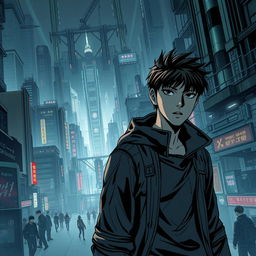 A dark sci-fi scene from a manhwa featuring a young male protagonist in a sprawling futuristic city