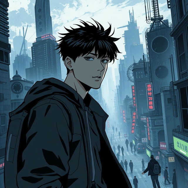 A dark sci-fi scene from a manhwa featuring a young male protagonist in a sprawling futuristic city