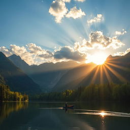 A serene landscape featuring a tranquil lake surrounded by lush green forests, with majestic mountains in the background