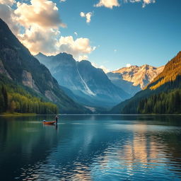 A serene landscape featuring a tranquil lake surrounded by lush green forests, with majestic mountains in the background