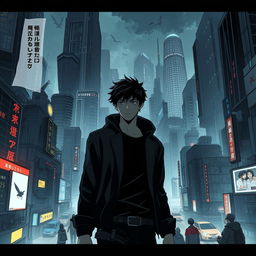 A dark sci-fi scene from a manhwa featuring a young male protagonist in a sprawling futuristic city