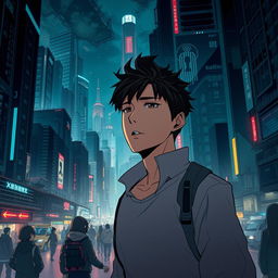 A dark sci-fi scene from a manhwa featuring a young male protagonist in a sprawling futuristic city