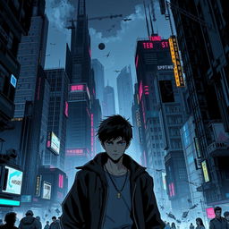 A dark sci-fi scene from a manhwa featuring a young male protagonist in a sprawling futuristic city