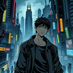 A dark sci-fi scene from a manhwa featuring a young male protagonist in a sprawling futuristic city