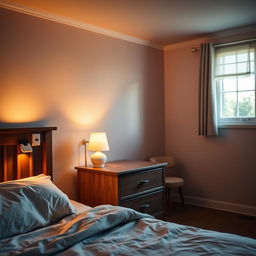 A cozy bedroom illuminated by warm, ambient lighting, featuring a comfortable bed with a nightstand that holds a soft lamp