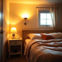 A cozy bedroom illuminated by warm, ambient lighting, featuring a comfortable bed with a nightstand that holds a soft lamp