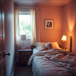 A cozy bedroom illuminated by warm, ambient lighting, featuring a comfortable bed with a nightstand that holds a soft lamp