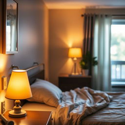 A cozy bedroom illuminated by warm, ambient lighting, featuring a comfortable bed with a nightstand that holds a soft lamp